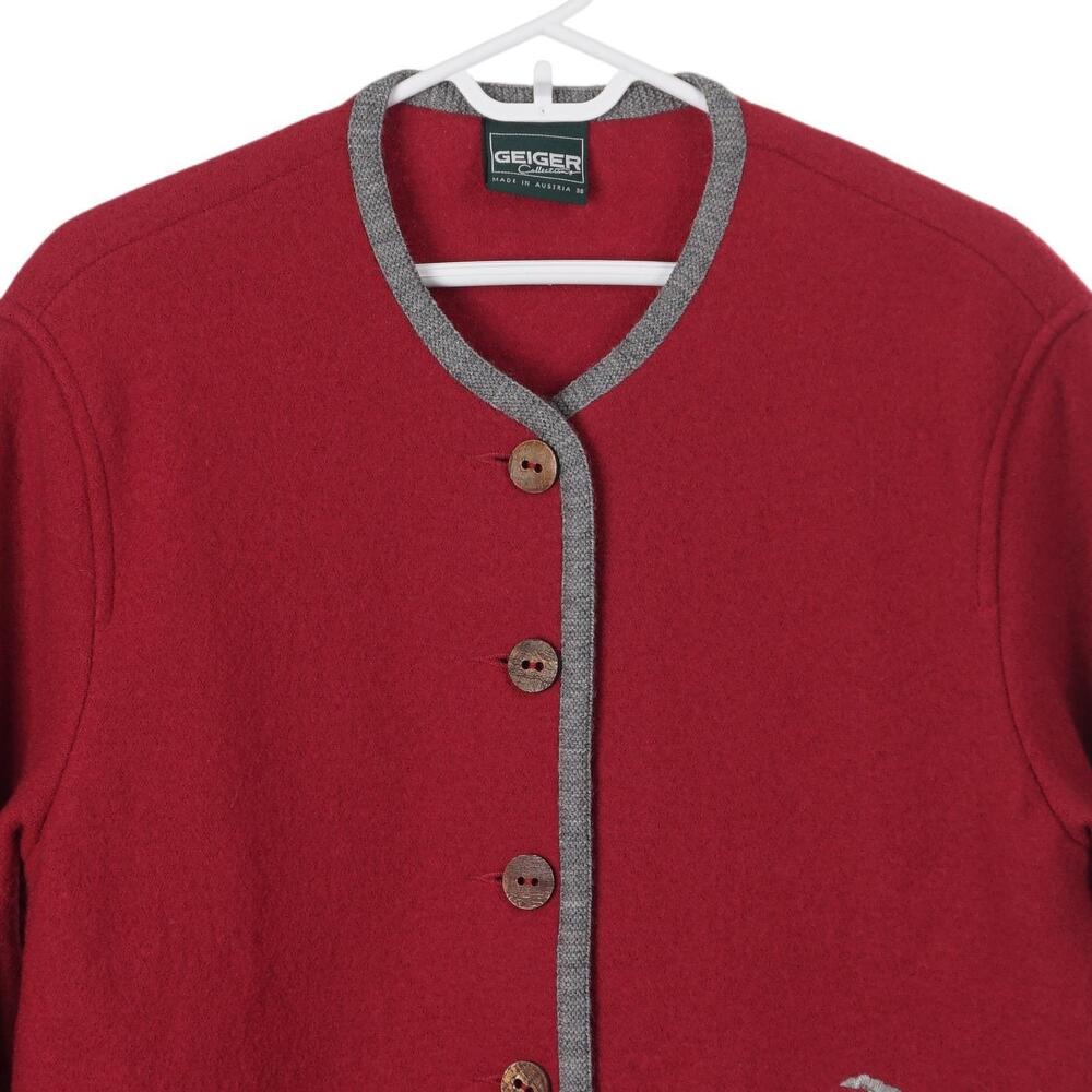 GEIGER Sweater 38 Red Wool Embroidered Goats Nature Button Up Jacket Austria - Picture 2 of 9